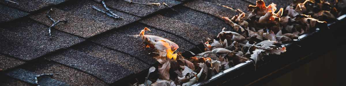 Gutter cleaning for CT homeowners. Gutter clogged with dead leaves.